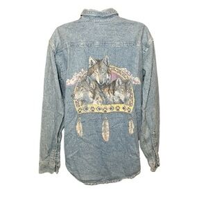 Vintage Black Bear Casual Denim Button Down Western Apache Wolf Shirt